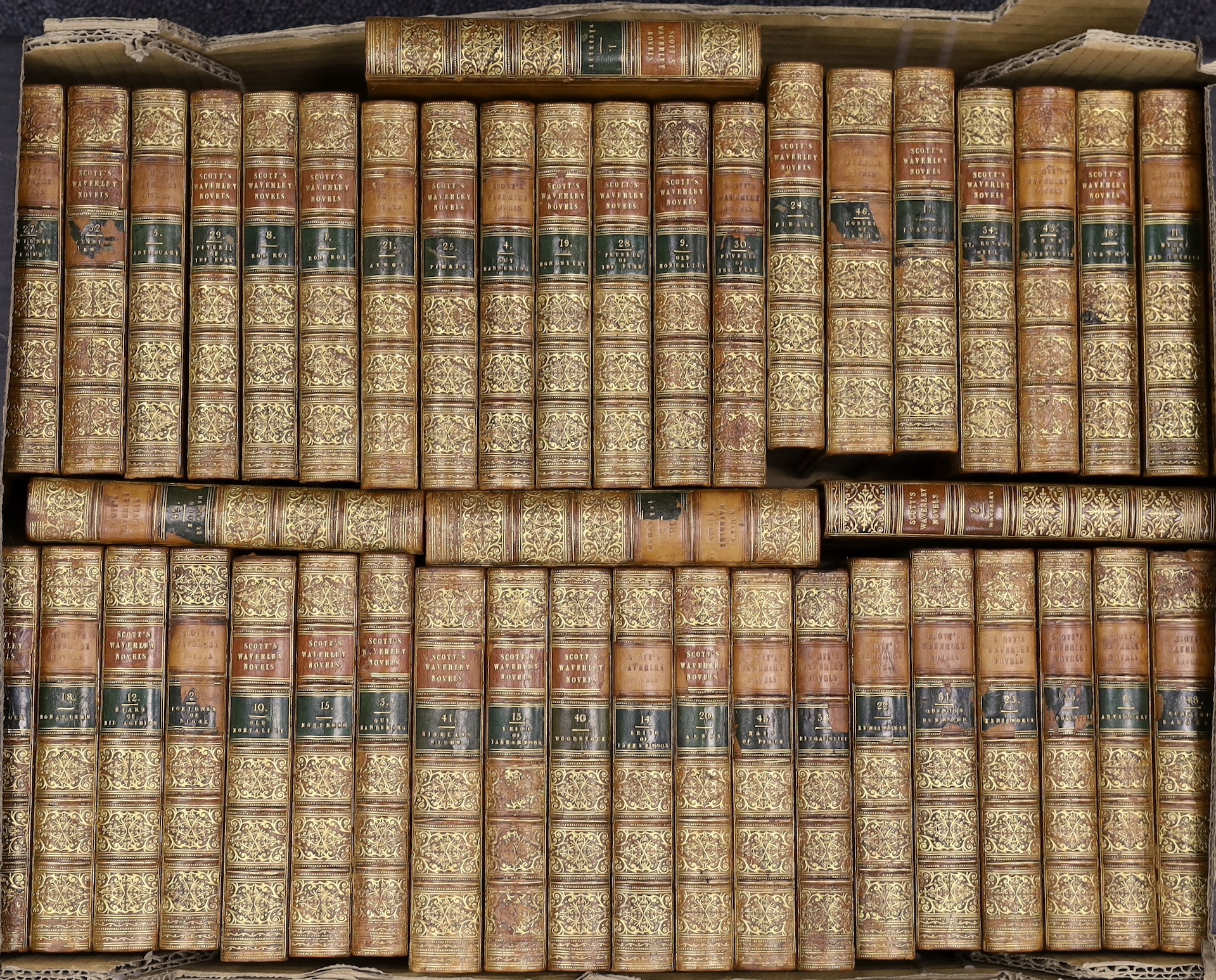 Scott, Walter, Sir - Waverley Novels, 48 vols, 12mo, calf with gilt spines, engraved frontis and title, Robert Cadell, London, 1848.